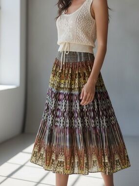 Cato Multicolor Pleated Maxi Skirt with Thick Waistband size Small
